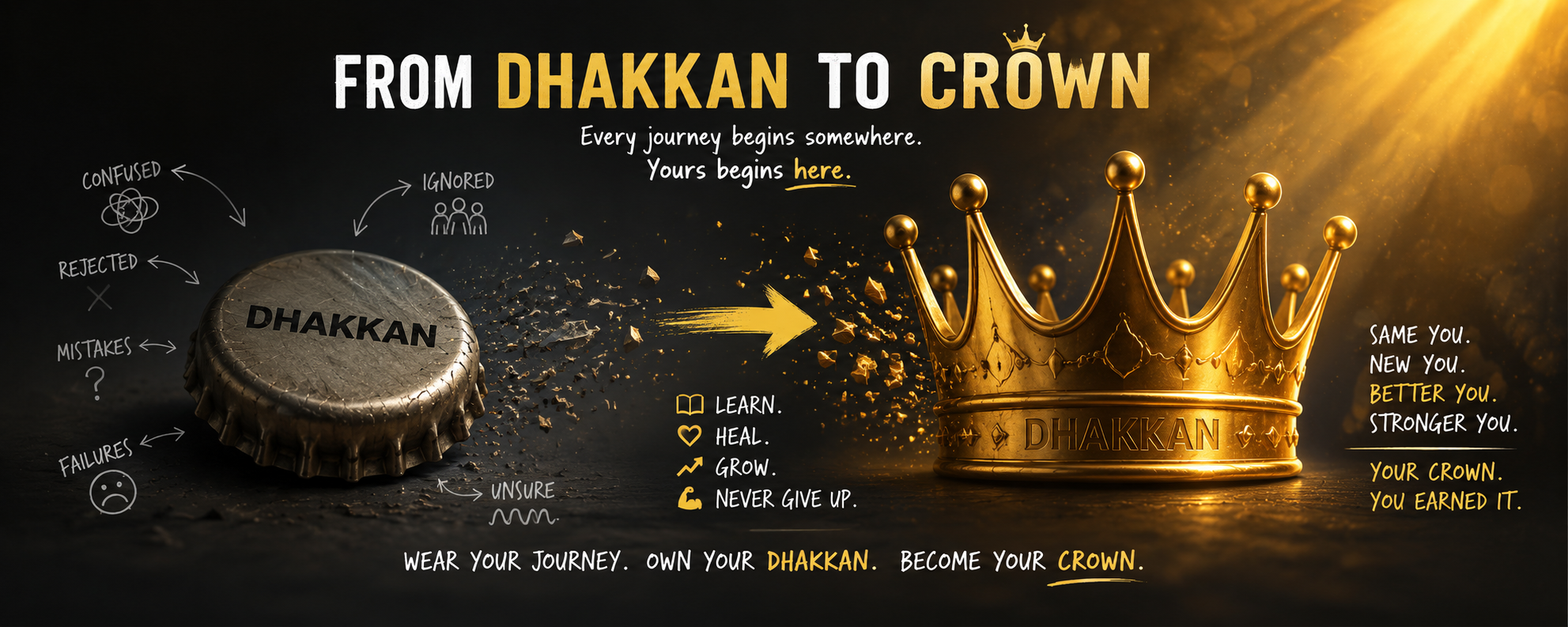 From Dhakkan to Crown — a bottle cap labelled Dhakkan shattering and reforming into a gold crown.