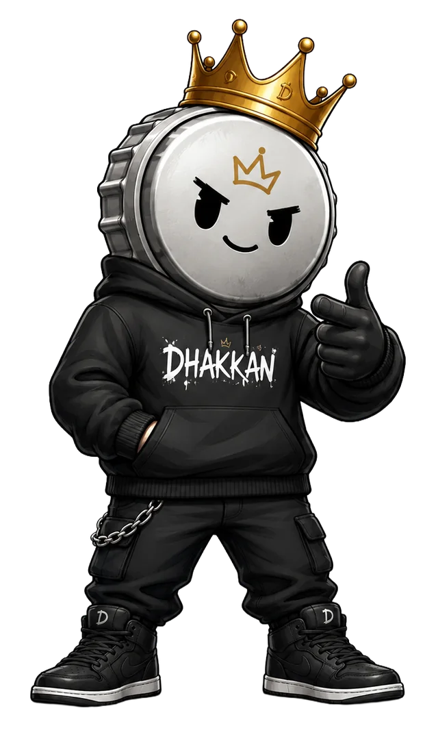Dhakkan mascot — a crowned bottle-cap in a hoodie giving a thumbs up