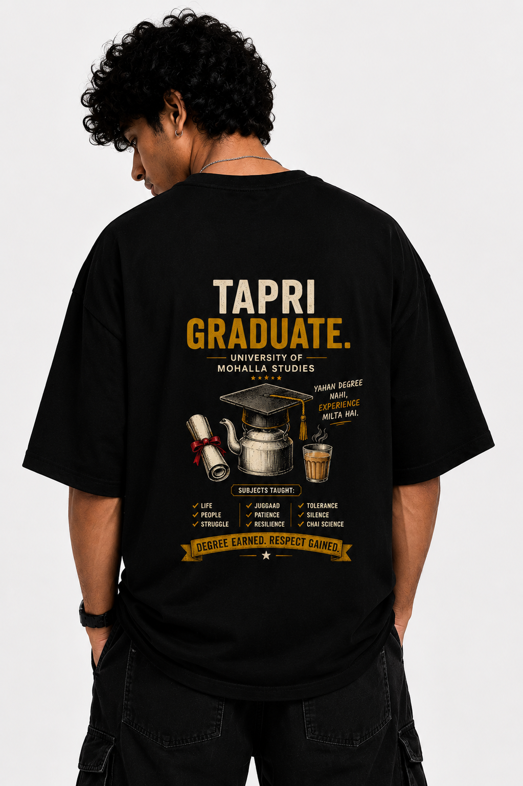 Tapri Graduate Oversized T-Shirt — Dhakkan consciousness print