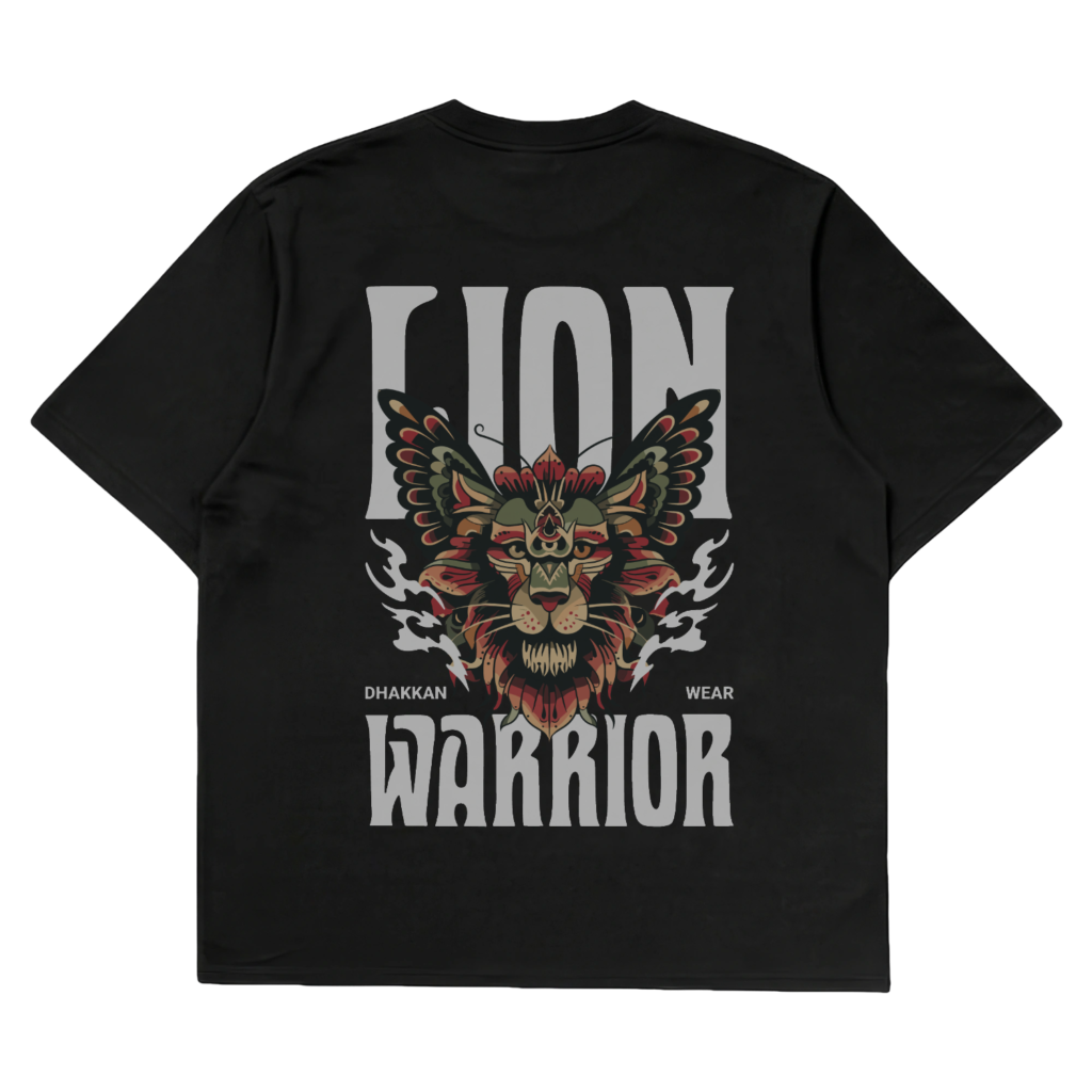 Lion Warrior oversized graphic t-shirt — Dhakkan black heavyweight cotton back print